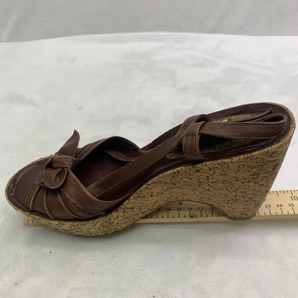 Firecracker Womens Sz 6 Leather Wedge Platform Sandals Heels Brown Bow Slingback